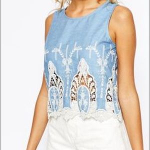 NWOT blue embroidered hem top